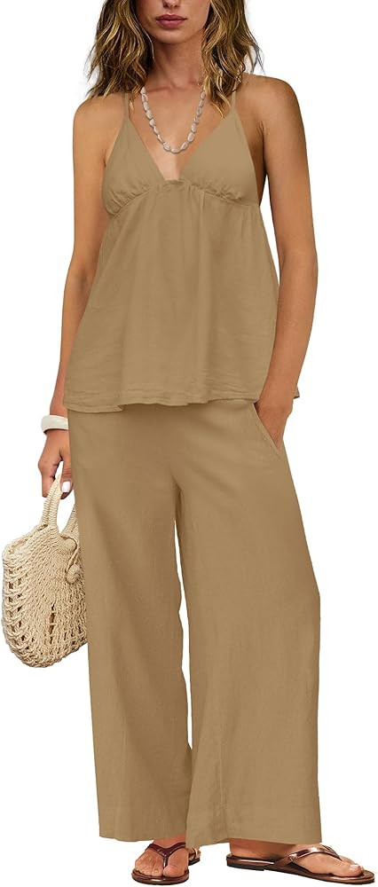 ReachMe Womens 2 Piece Linen Set Spaghetti Strap Top and Wide Leg Pants Set with Pockets Loungewe... | Amazon (US)
