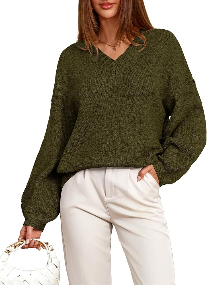 BTFBM Casual Long Sleeve Sweaters for Women Loose V Neck Ribbed Knit Pullover Tops Womens Fall Fa... | Amazon (US)