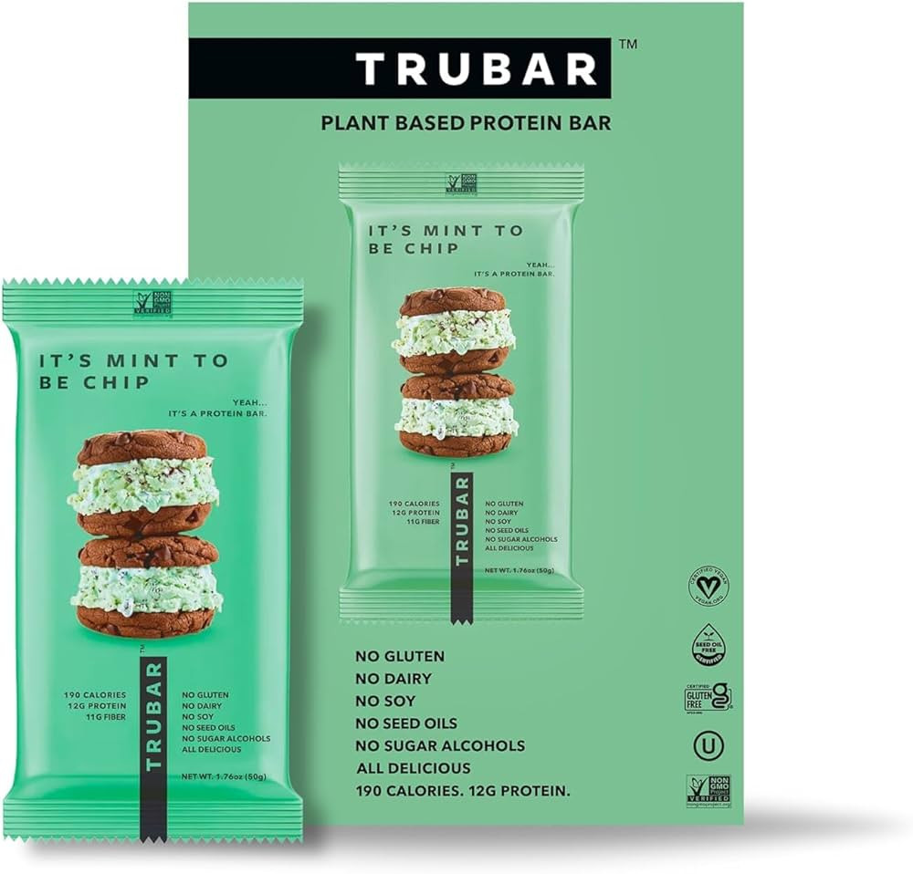 TRUBAR Vegan Protein Bar, It’s Mint to Be Chip, Gluten Free, Plant Based High Fiber, Dairy Free... | Amazon (US)