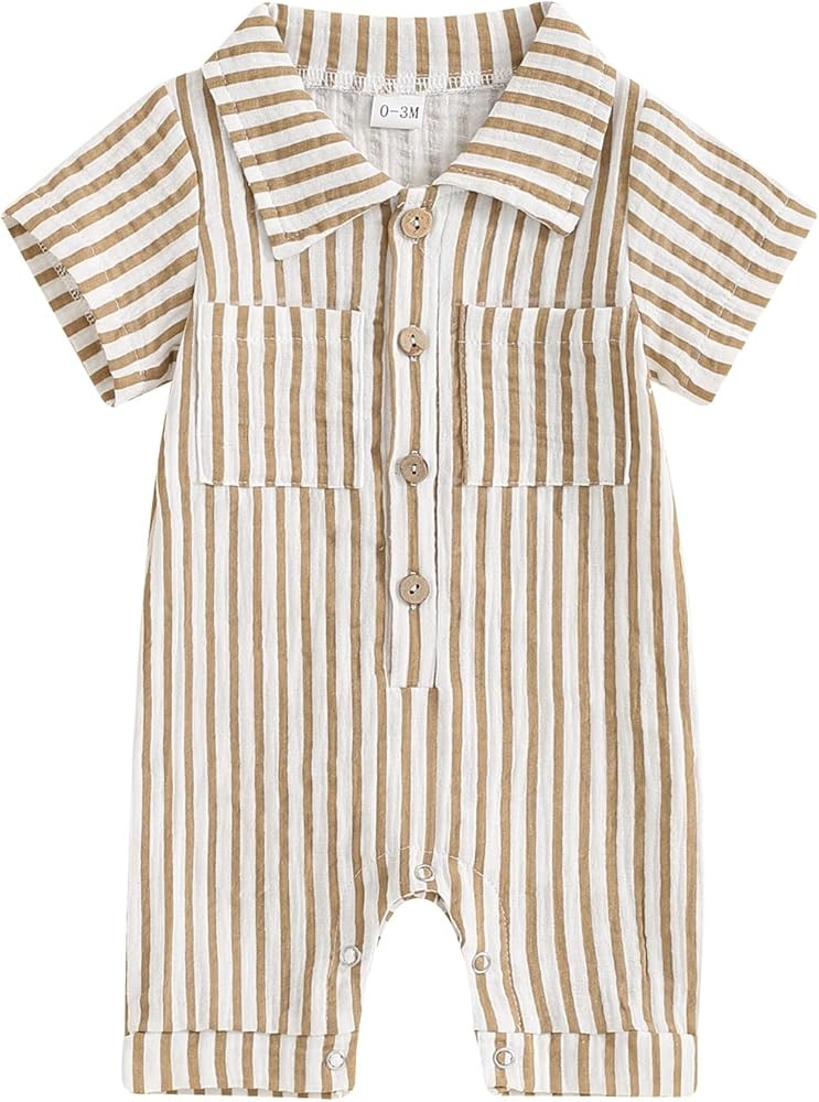 Baby Boy Vertical Striped Romper with Pockets One Piece Lapel Neck Short Sleeve Buttons Jumpsuit ... | Amazon (US)