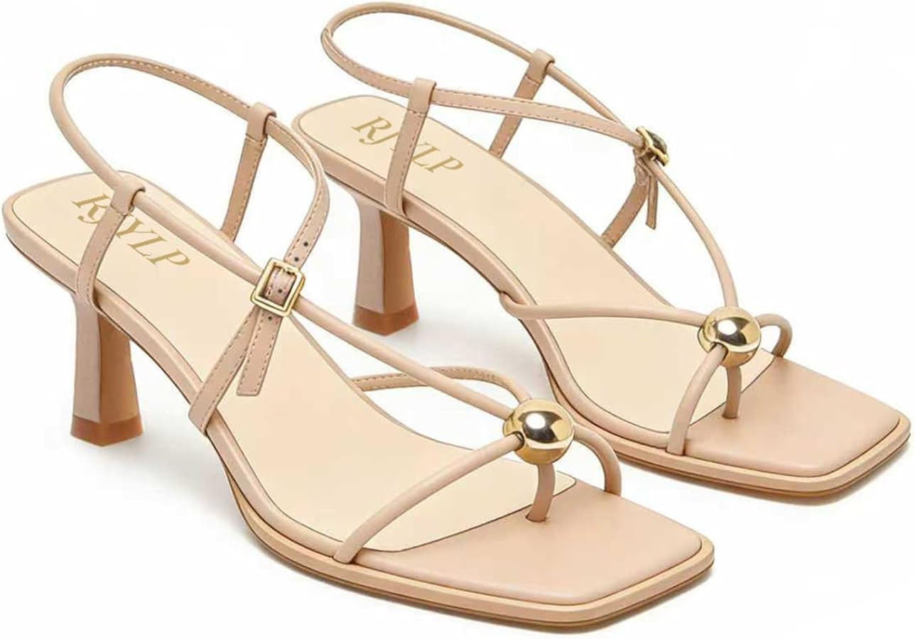 Strappy Heels for Women Square Toe Slingback Kitten Heels Dressy Thong Flip Flop Slides Party Bea... | Amazon (US)