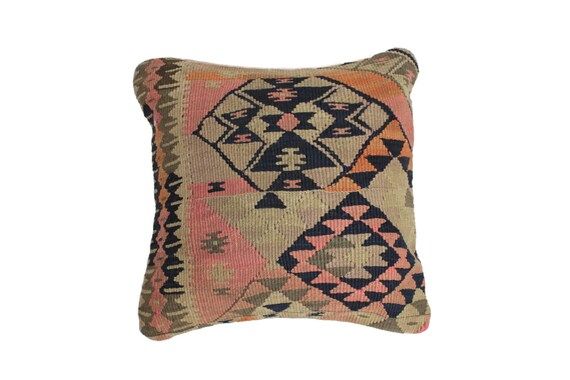 Kilim Pillow Cover In Muted Vegetable Dyed Wool Colors and Geometric Pattern | Etsy (US)