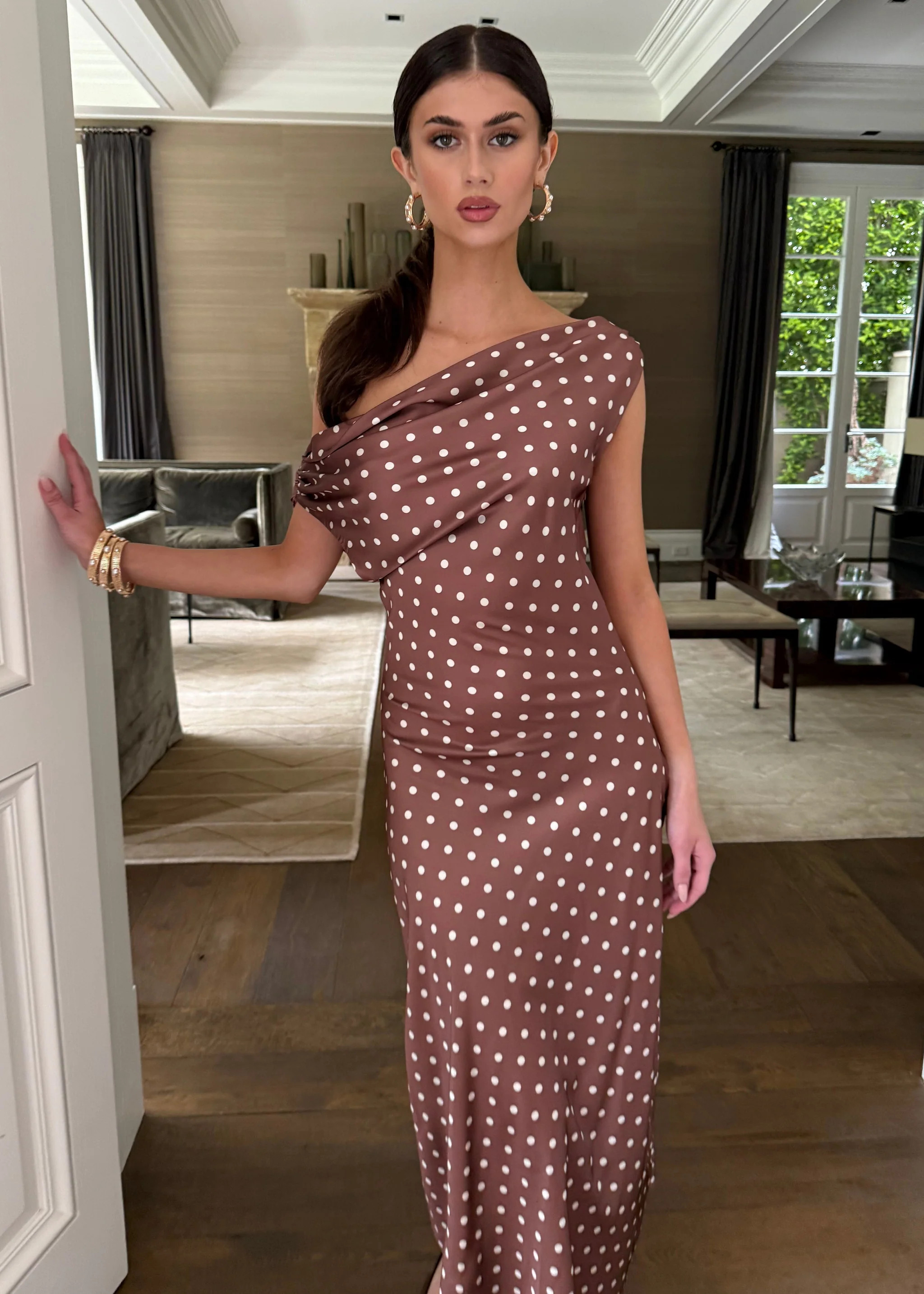 Valeria Chocolate Polka Dot Off The Shoulder Maxi Dress | Benaar La
