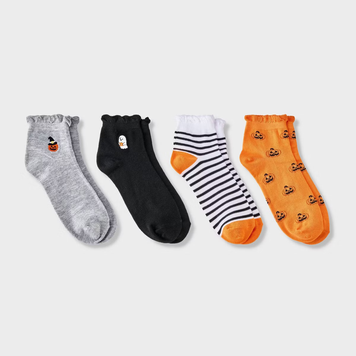 Women's 4pk Ruffle Cuff Jack O Lantern Ghost Embroidered Halloween Ankle Socks - Hyde and EEK! Bo... | Target