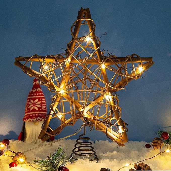 Christmas Tree Toppers with 10 Lights,Indoor Rattan Natural Star Treetop for Christmas Tree Decor... | Amazon (US)