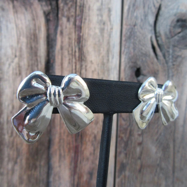 90s Earrings | Silver Tone Statement Earrings | Large Bow Earrings | Business Casual Chunky Silve... | Etsy (US)