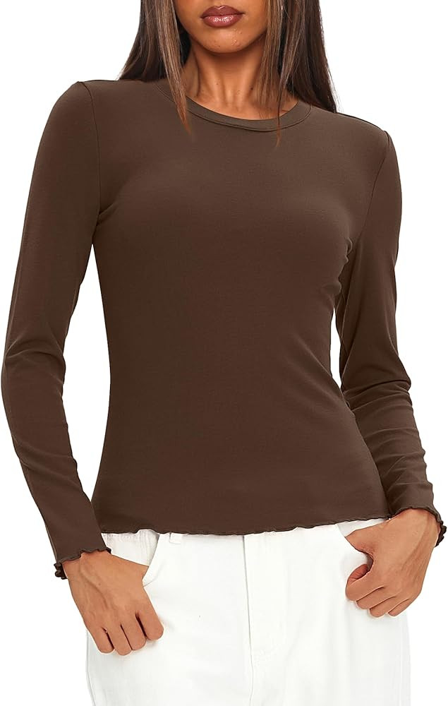 Darong Women Long Sleeve Shirts Slim Fit Tops Basic Tee 2025 Cute Lettuce Trim Undershirt Going O... | Amazon (US)