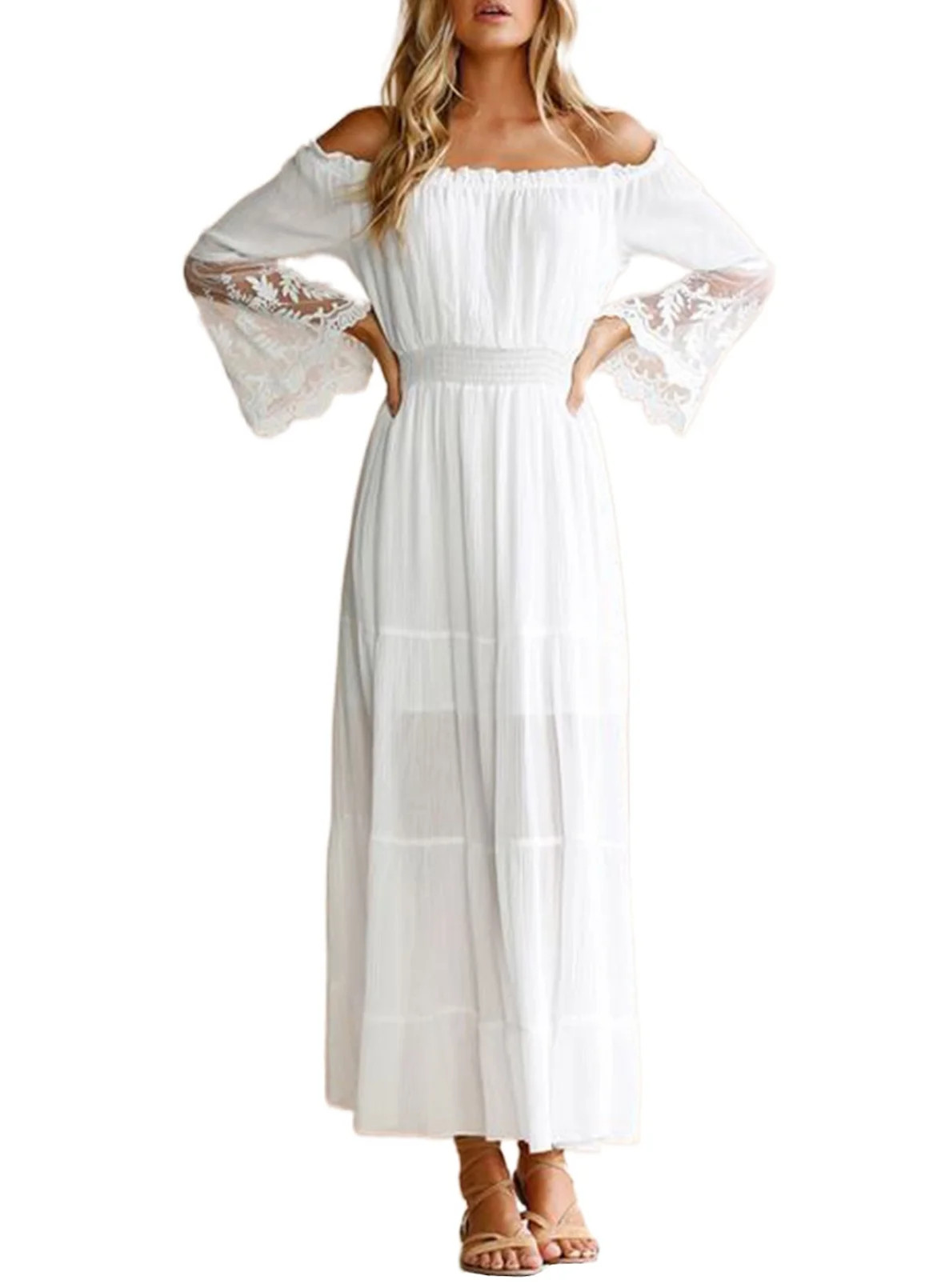 Dokotoo Women's White One Shoulder Wedding Dress Elastic Waist Short Sleeve Bridesmaid Dress Even... | Walmart (US)