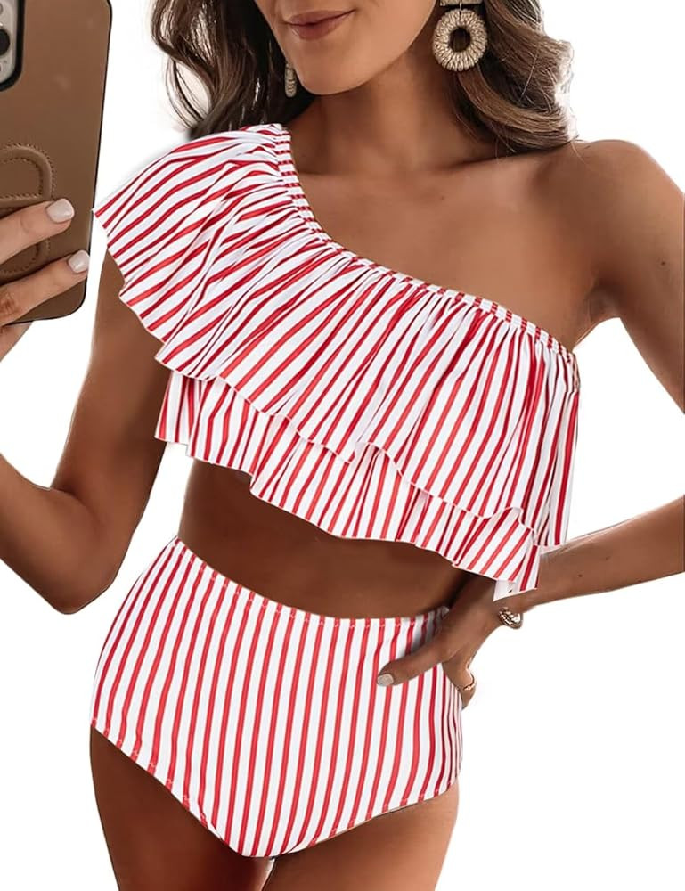 VIMPUNEC Ruffle One Shoulder Swimsuits for Women Striped High Waisted Two Piece Bathing Suits | Amazon (US)
