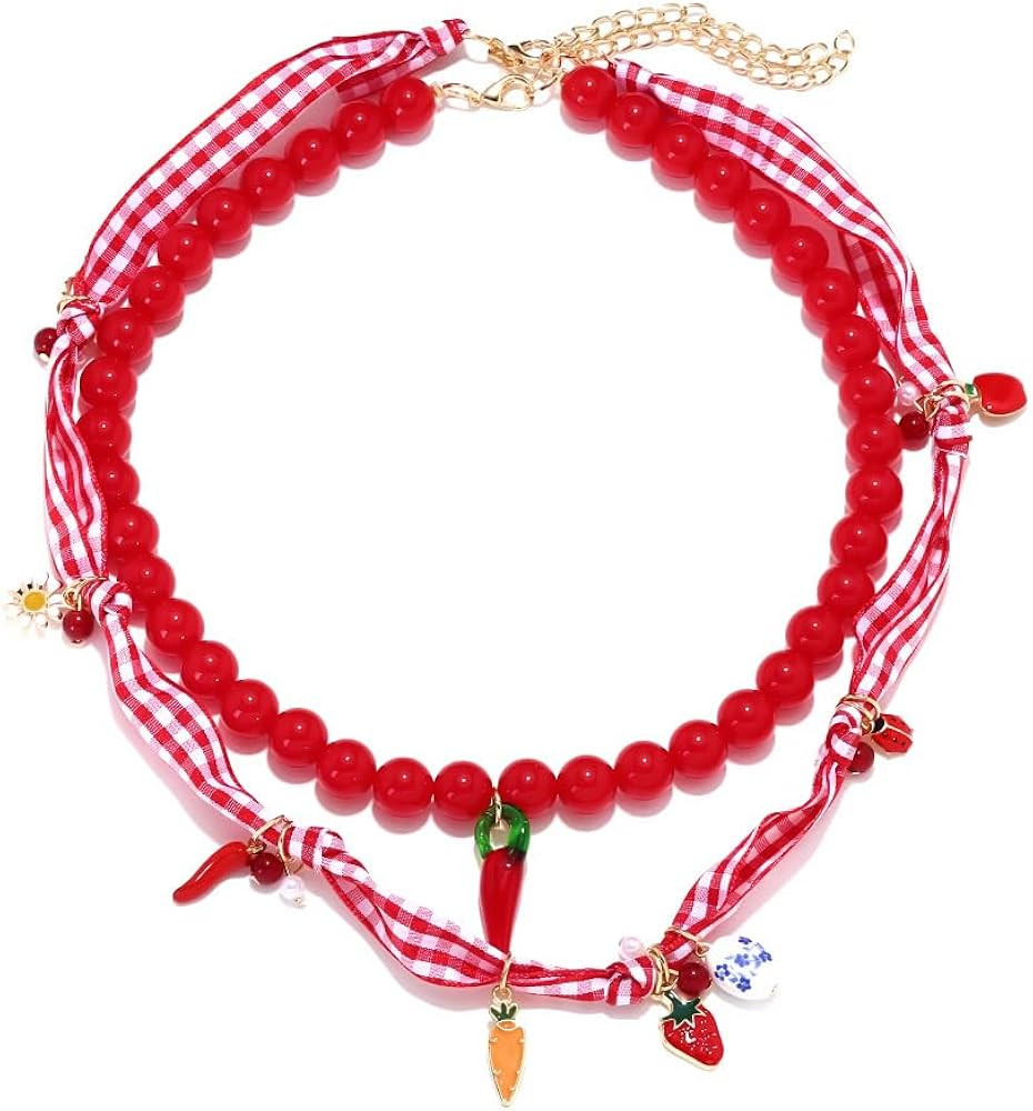 Red Beaded Charm Necklace for Women, Gingham Ribbon Layered Necklace, Strawberry Chili Pepper Pendant Necklace, Cute Summer Statement Jewelry | Amazon (US)