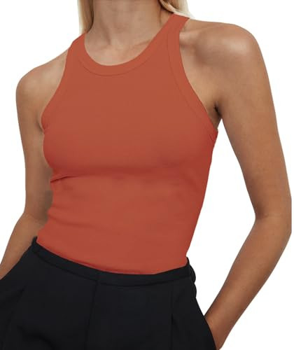 Artfish Women's Sleeveless Full Length Ribbed Fitted Racerback Workout Crew High Neck Basic Tank Top Caramel, L | Amazon (US)
