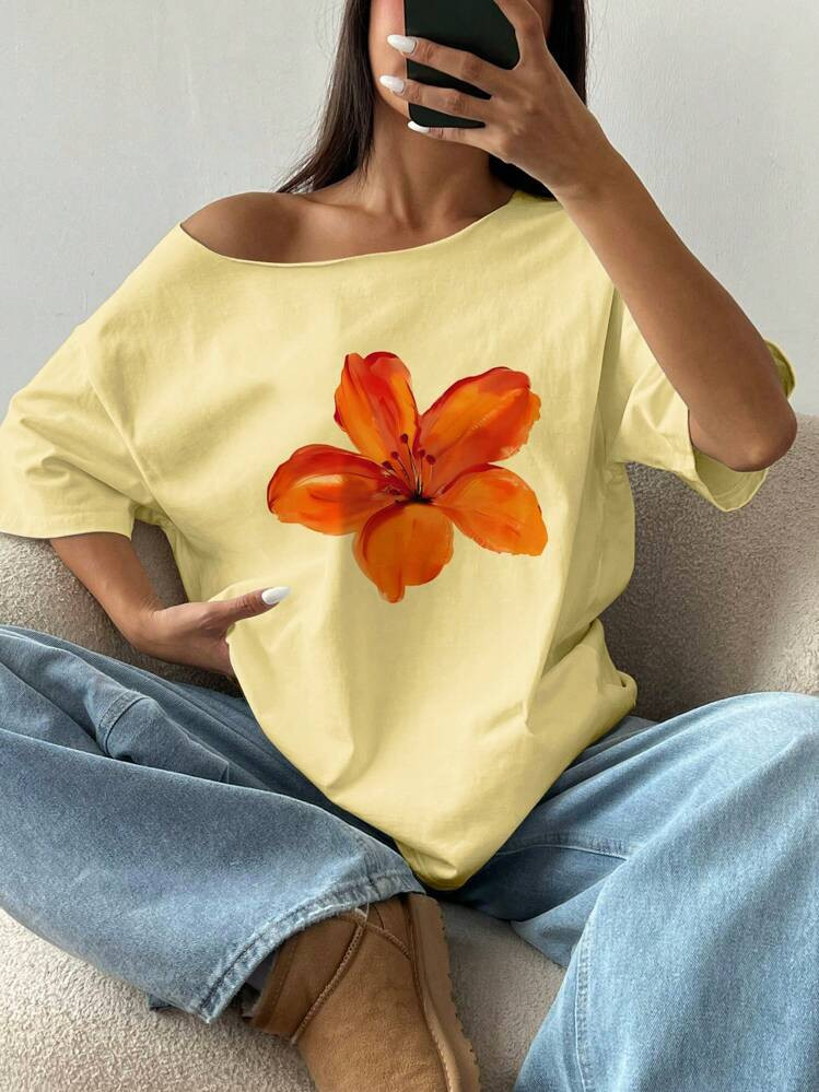 Flirla Women Oversized Asymmetrical Neck Floral Print Short Sleeve Loose T-Shirt, Yellow | SHEIN