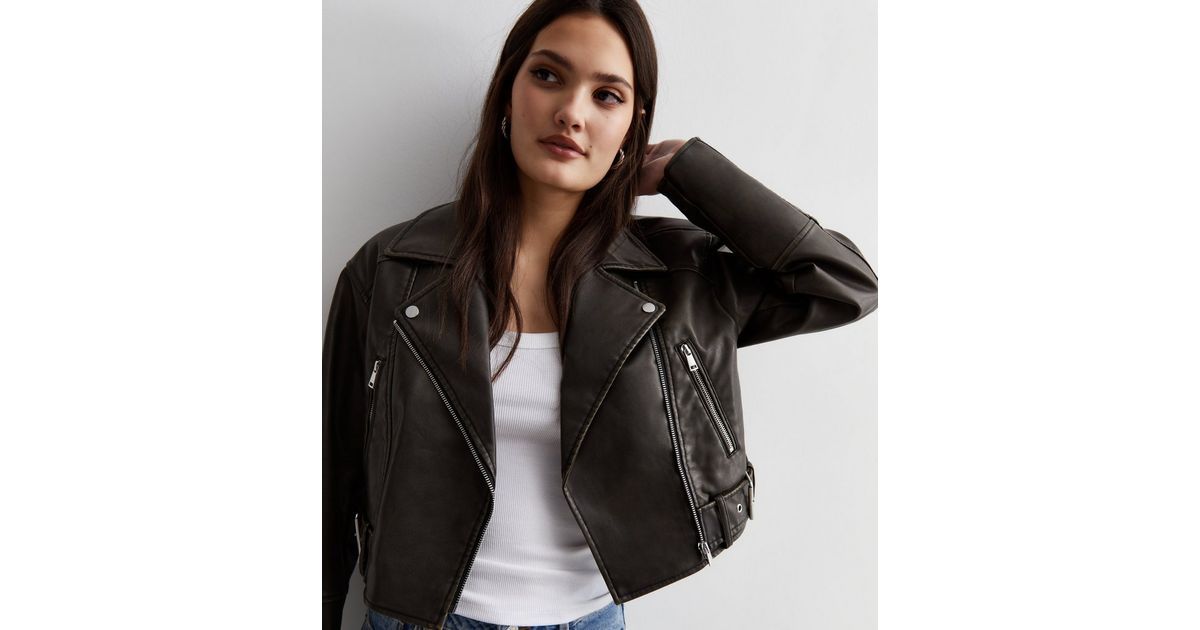 Dark Grey Leather-Look Crop Oversized Jacket
						
						Add to Saved Items
						Remove from Sa... | New Look (UK)
