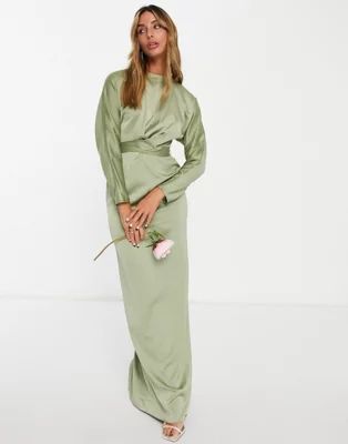 ASOS DESIGN Bridesmaid maxi dress with batwing sleeve and wrap waist in satin in olive | ASOS (Global)