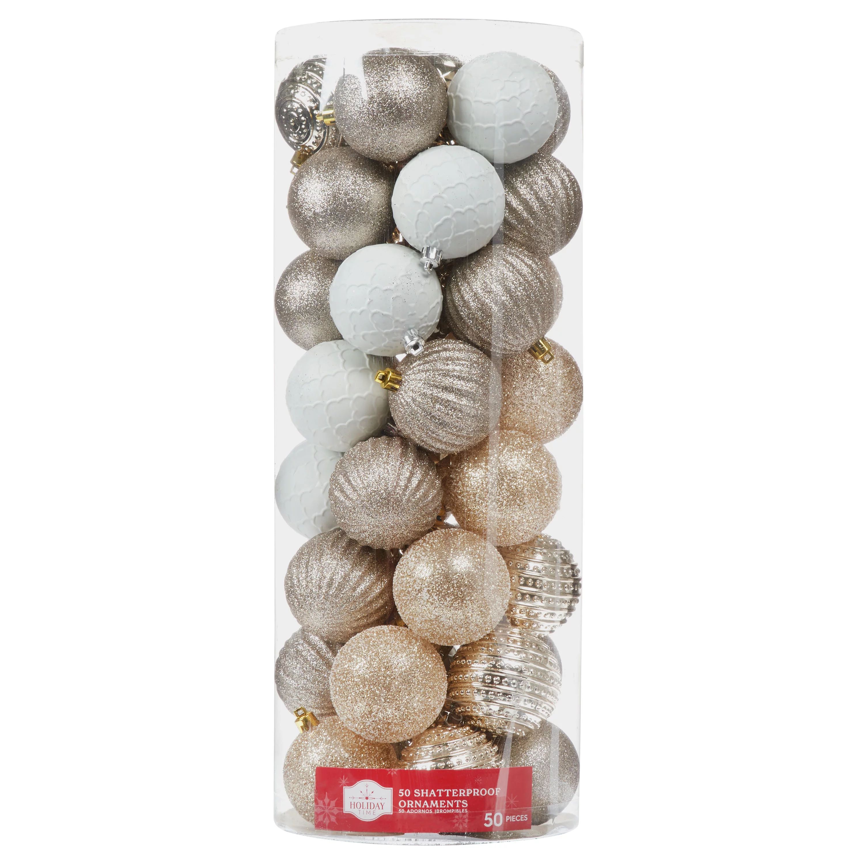 Holiday Time Champagne Gold Shatterproof Ball Christmas Ornaments, 50 Count | Walmart (US)