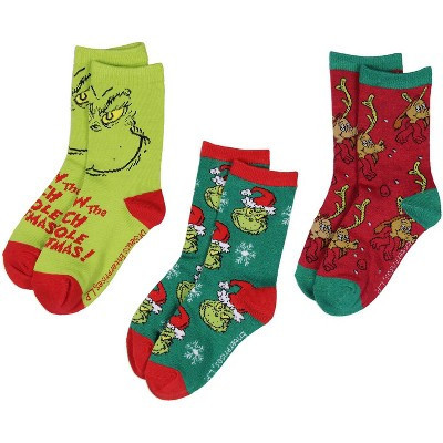 Dr. Seuss GRINCH Kids 3 Pairs Multi-Design Crew Socks For Boys' Or Girls' Multicoloured | Target
