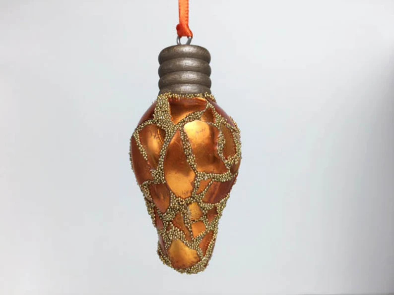 Orange Mosaic Christmas Lightbulb Ornament, Glass Ornament, Retro Lightbulb, Metallic Glass, Deck... | Etsy (Global)