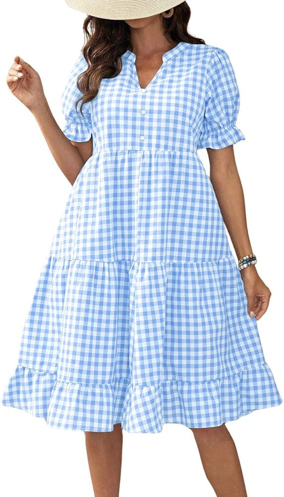 chouyatou Women's Y2k Plaid Babydoll Dress Puff Sleeve Ruffle Hem Short Dress Retro Gingham Swing... | Amazon (US)