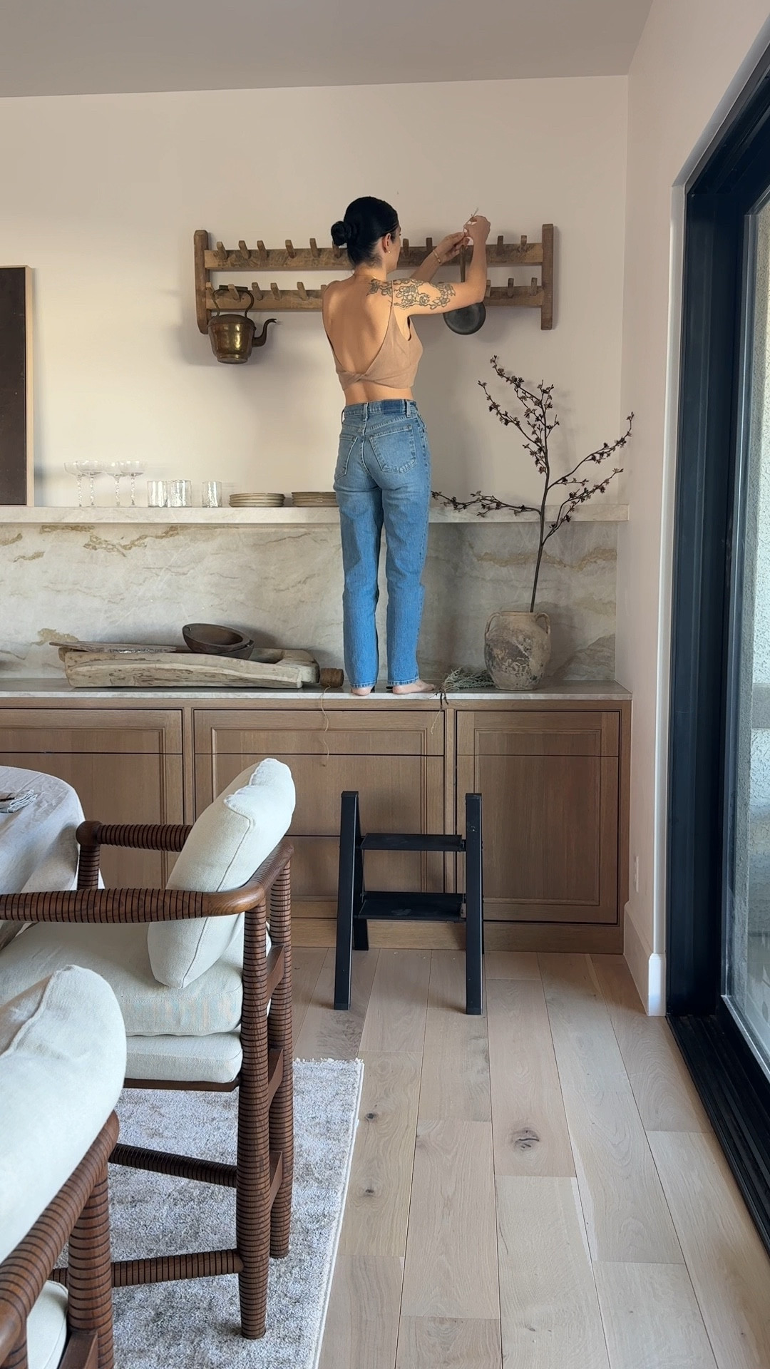 The dining chairs are the gio dining stool by sixpenny. 

The antiques are listed on Etsy. The tea pot is no longer available 