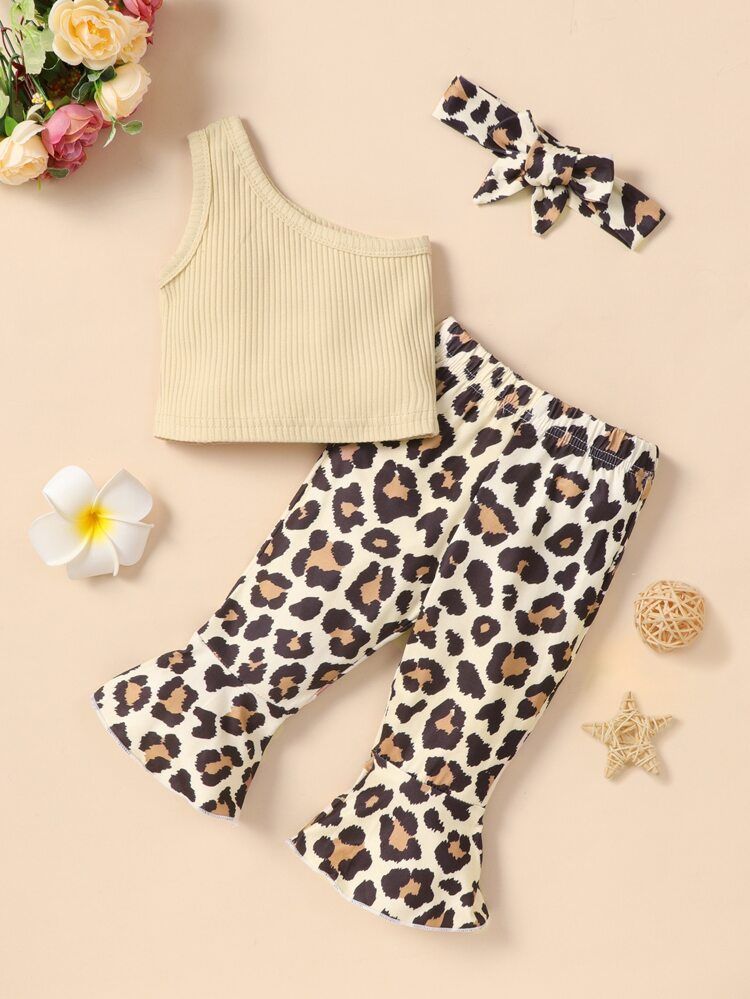 Baby One Shoulder Top & Leopard Print Flare Leg Pants & Headband | SHEIN
