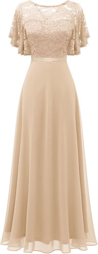 DRESSTELLS Lace Wedding Guest Formal Dresses, V-Back Empire Waist Bridesmaid Prom Party Evening G... | Amazon (US)