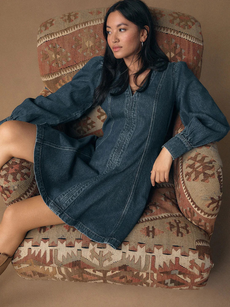 Denim Dark Blue Fit and Flare Long Sleeve Seamed Mini Dress | Next US