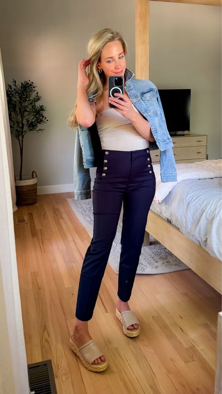 tailored pants dressy pants navy trousers tube top strapless top sandals wedges platform wedge dolce vita sandals denim jacket jean jacket date night outfit office outfit workwear 

#LTKFindsUnder100 #LTKFindsUnder50 #LTKWorkwear