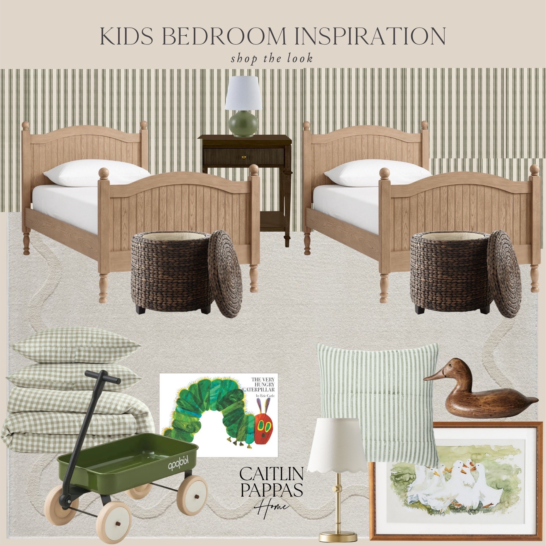 Kids bedroom inspiration 🪿💚 I absolutely love these pretty green tones and light wood accents for a kids bedroom with two twin beds! Neutral Home, Cozy Home, Twin Bed Bedroom
