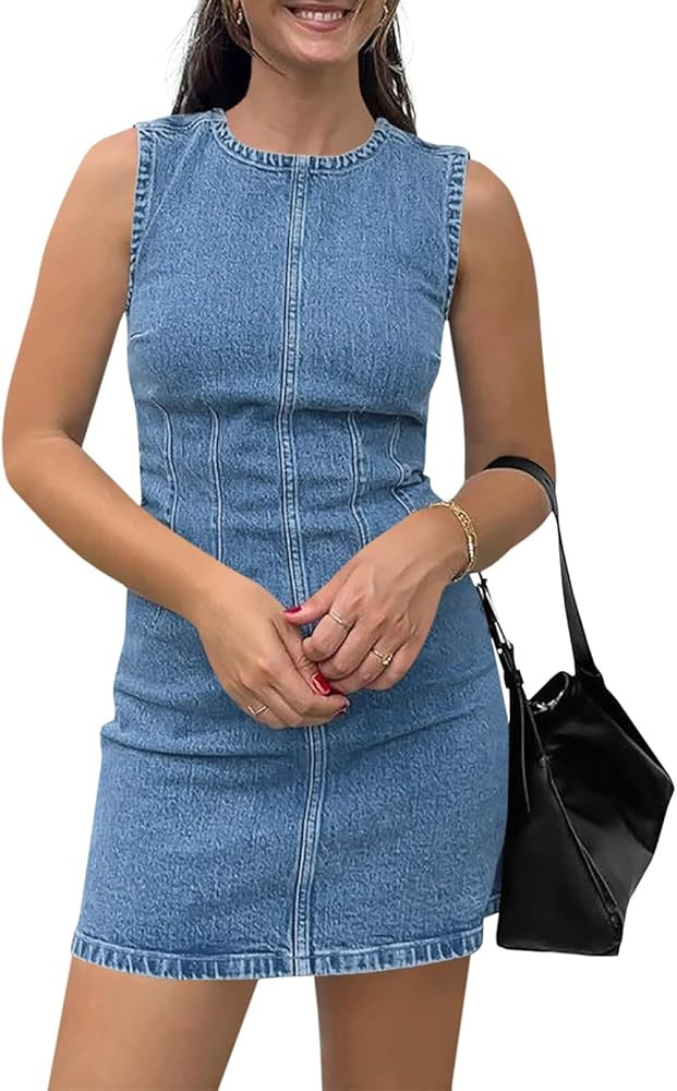 Wenrine Womens Denim Mini Dress Casual Sleeveless Crewneck Summer Jean Tank Dresses | Amazon (US)