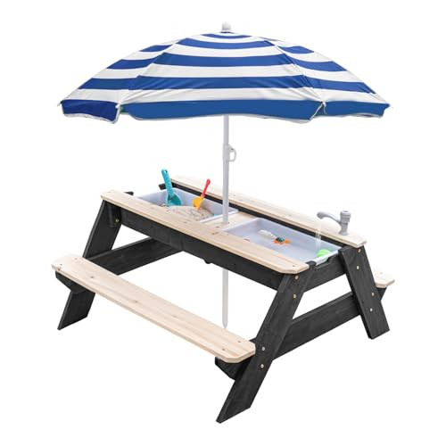 Kids 3-in-1 Sand & Water Activity Table, Wood Outdoor Convertible Picnic Table with Umbrella, 2 P... | Amazon (UK)