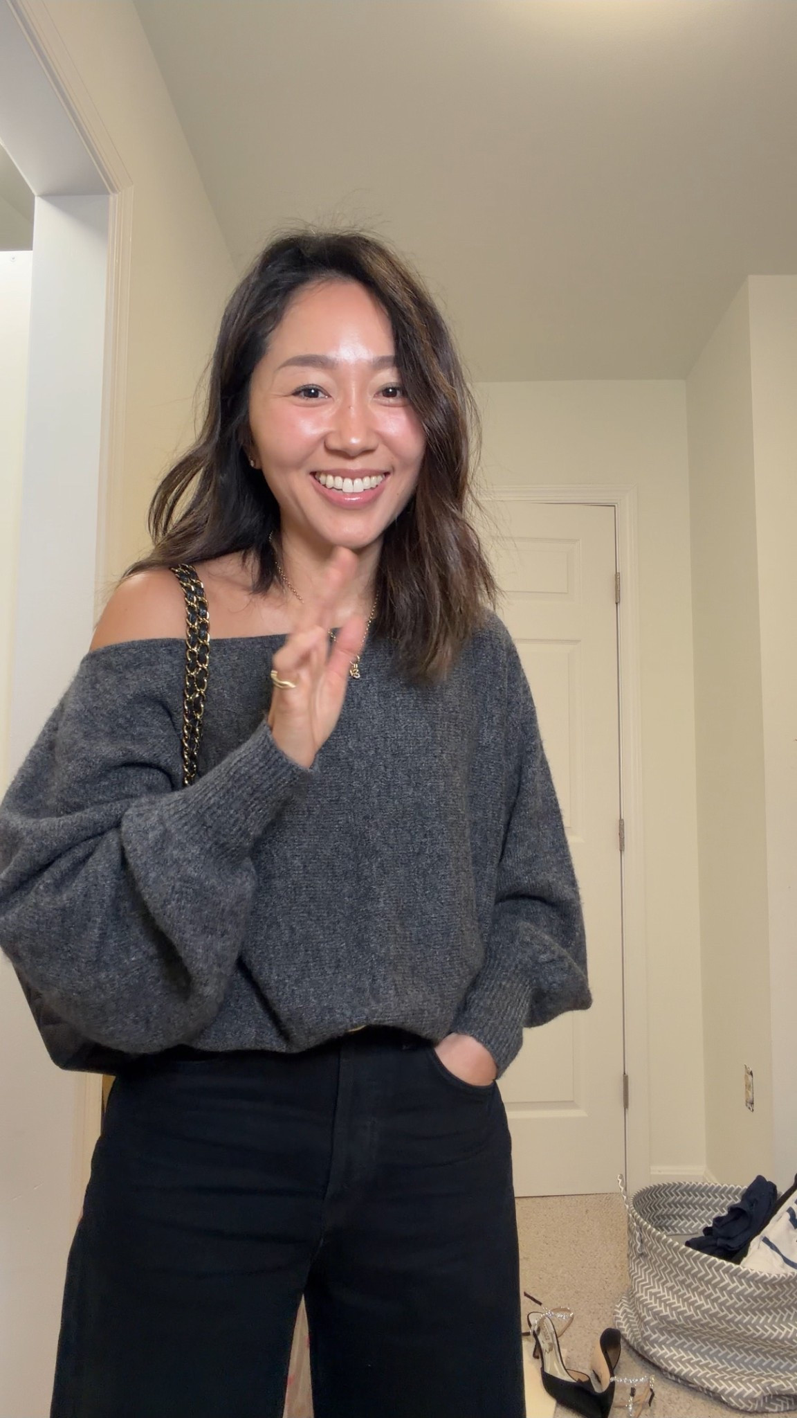 Sweater - XS 
Jeans - 23 (sized down one size) 