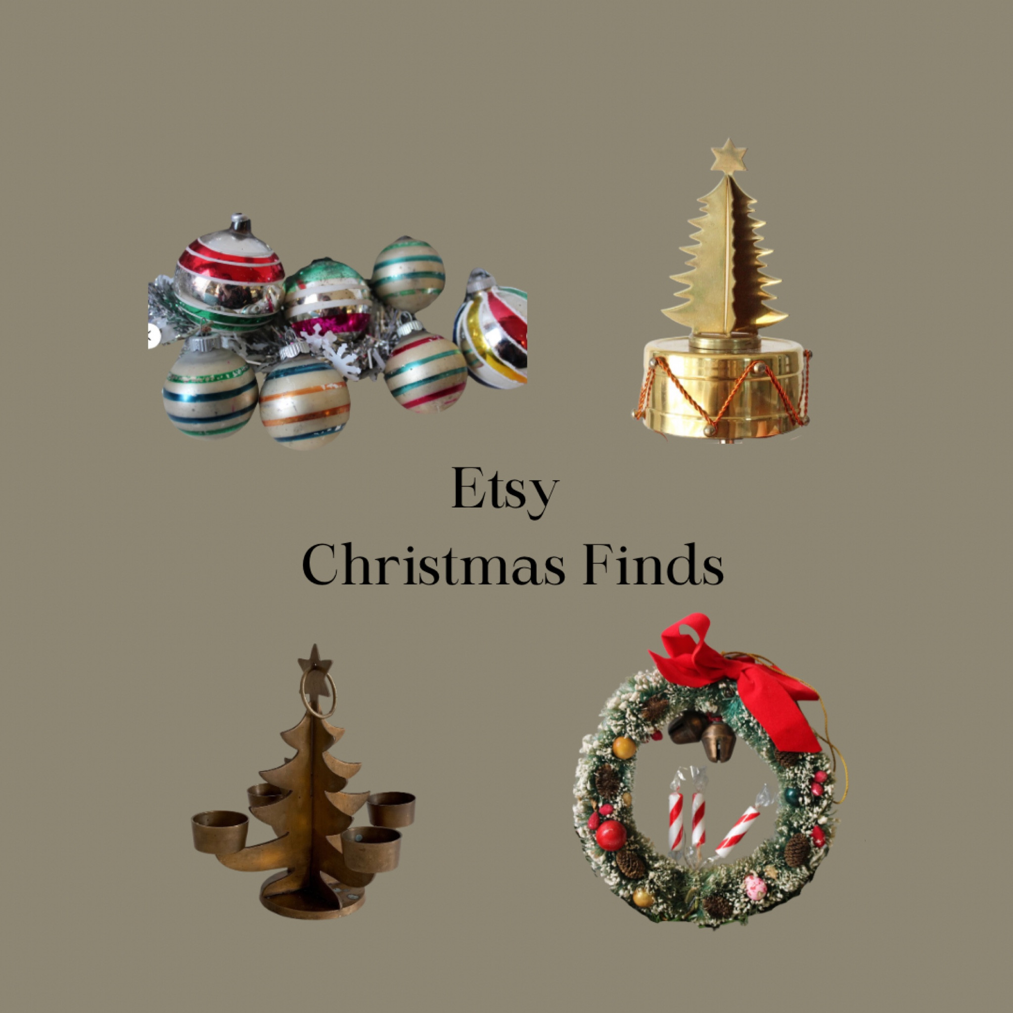 A random collection of some Etsy Christmas finds. Love the brass Christmas tree candle holder. Not sure the 90s is really vintage, but that’s the date on it and it came up in my vintage Christmas search. 😆 That little wreath. Obsessed. 

#christmasdecor
#vintagechristmas
#etsyfinds

#LTKSeasonal #LTKhome #LTKHoliday