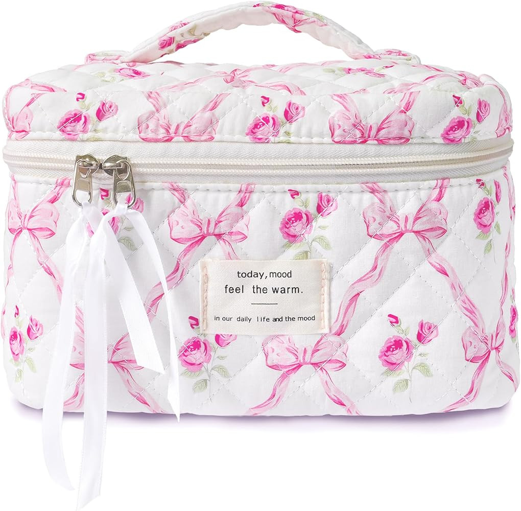 Makeup Bag Large Travel Quilted Cosmetic Makeup Bag Organizer, Floral Cotton Coquette Aesthetic T... | Amazon (US)