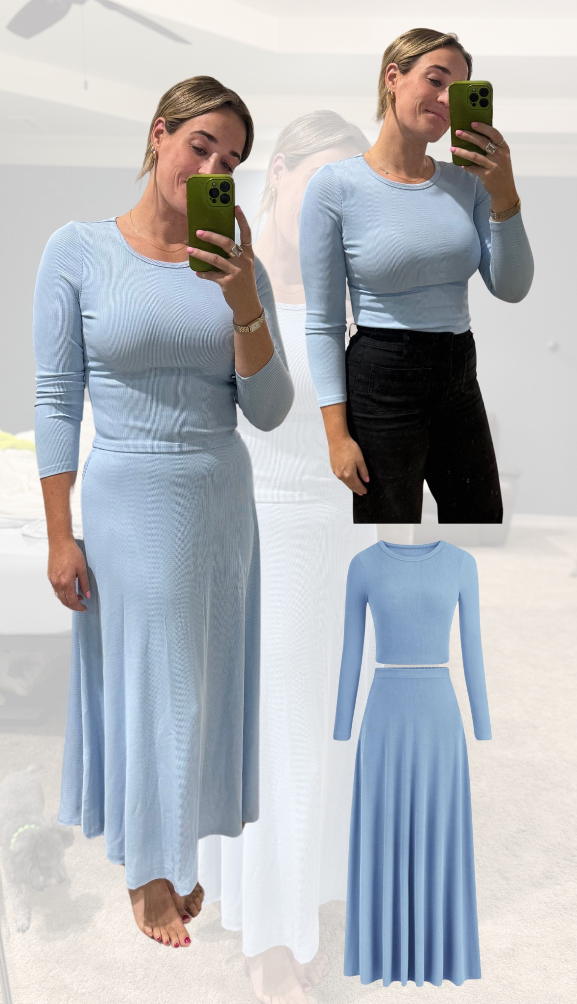 This two piece set comes in TONS of colors and is perfect as a set or as separates!! I love the versatility of it! I ordered it in 3 colors!! 
I am 5’10” and it is for sure a maxi skirt length on me so it is LONG!! The top is just a little bit cropped but hits me right at my waist!
I sized up 1 size!
😘💚