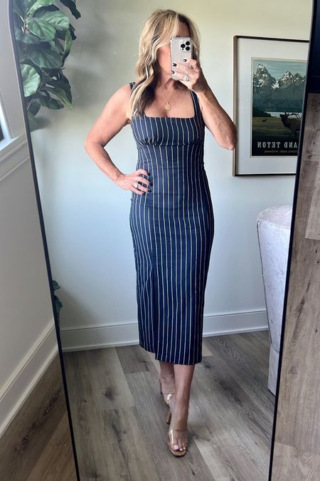 Fall wedding guest dress for women over 50, flattering fitted midi dress, dress for a shower, dress for a rehearsal dinner, navy striped midi dress, dress for vacation, fashion over 50

#LTKwedding #LTKover40