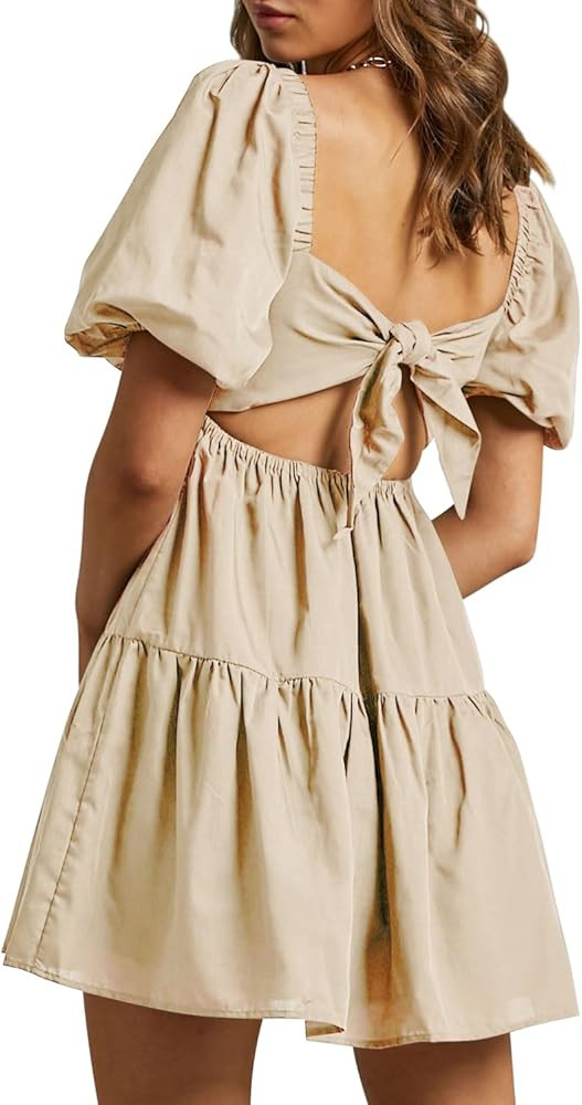 Women's Summer Dress Square Neck Short Sleeve Loose Backless Casual A-Line Party Mini Dresses | Amazon (US)