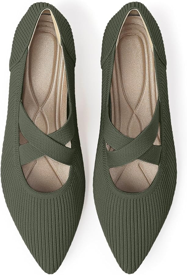 TINGRISE Womens Mary Jane Flats Knit Ballet Flats for Women Pointed Toe Dressy Comfortable Slip-O... | Amazon (US)