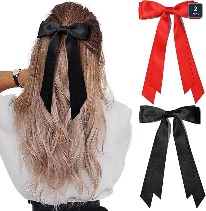 2PCS Silky Satin Hair Bows Hair Clip Black Red Hair Ribbon Ponytail Holder Accessories Slides Met... | Amazon (US)