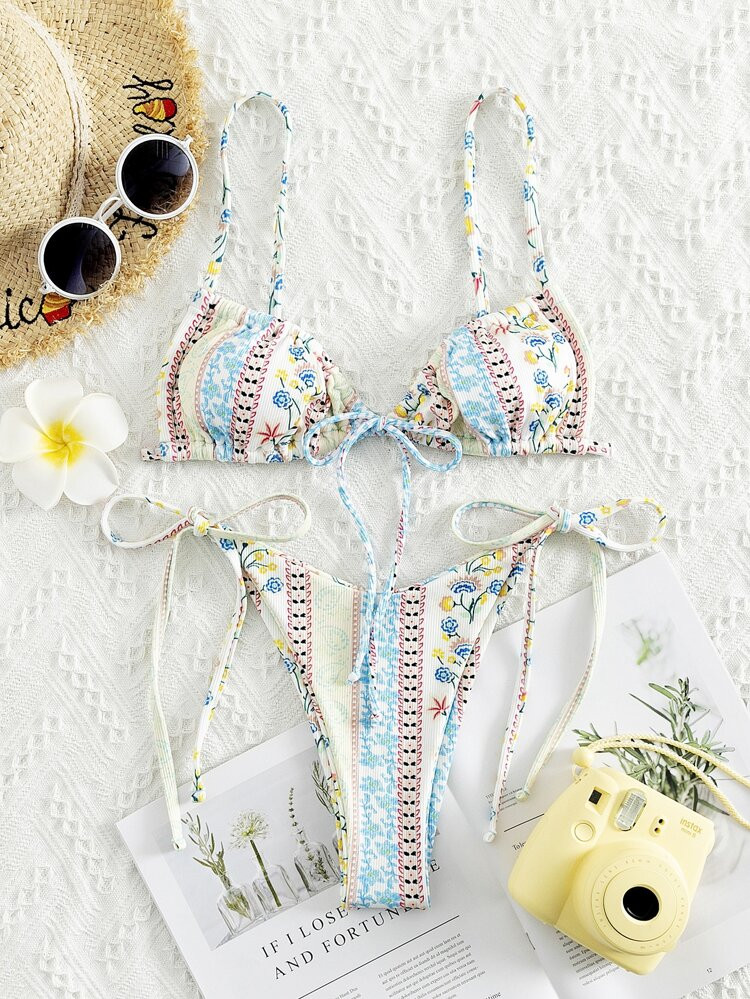 Paisley & Ditsy Floral Tie Side Bikini Swimsuit | SHEIN