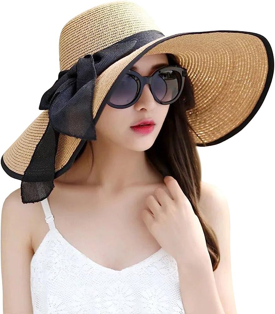 Lanzom Womens Big Bowknot Straw Hat Large Foldable Roll up Sun Hat Beach Cap UPF 50+ | Amazon (US)