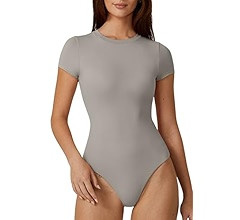 QINSEN Womens Crew Neck Short Sleeve Bodysuit Soft Body Suit Tops Double Lined Shirts | Amazon (US)
