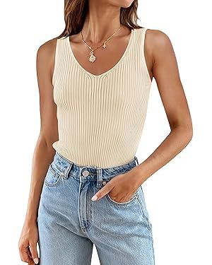 ZESICA Womens 2024 Ribbed Tank Tops Summer Sleeveless V Neck Shirts Casual Sexy Slim Fitted Basic... | Amazon (US)