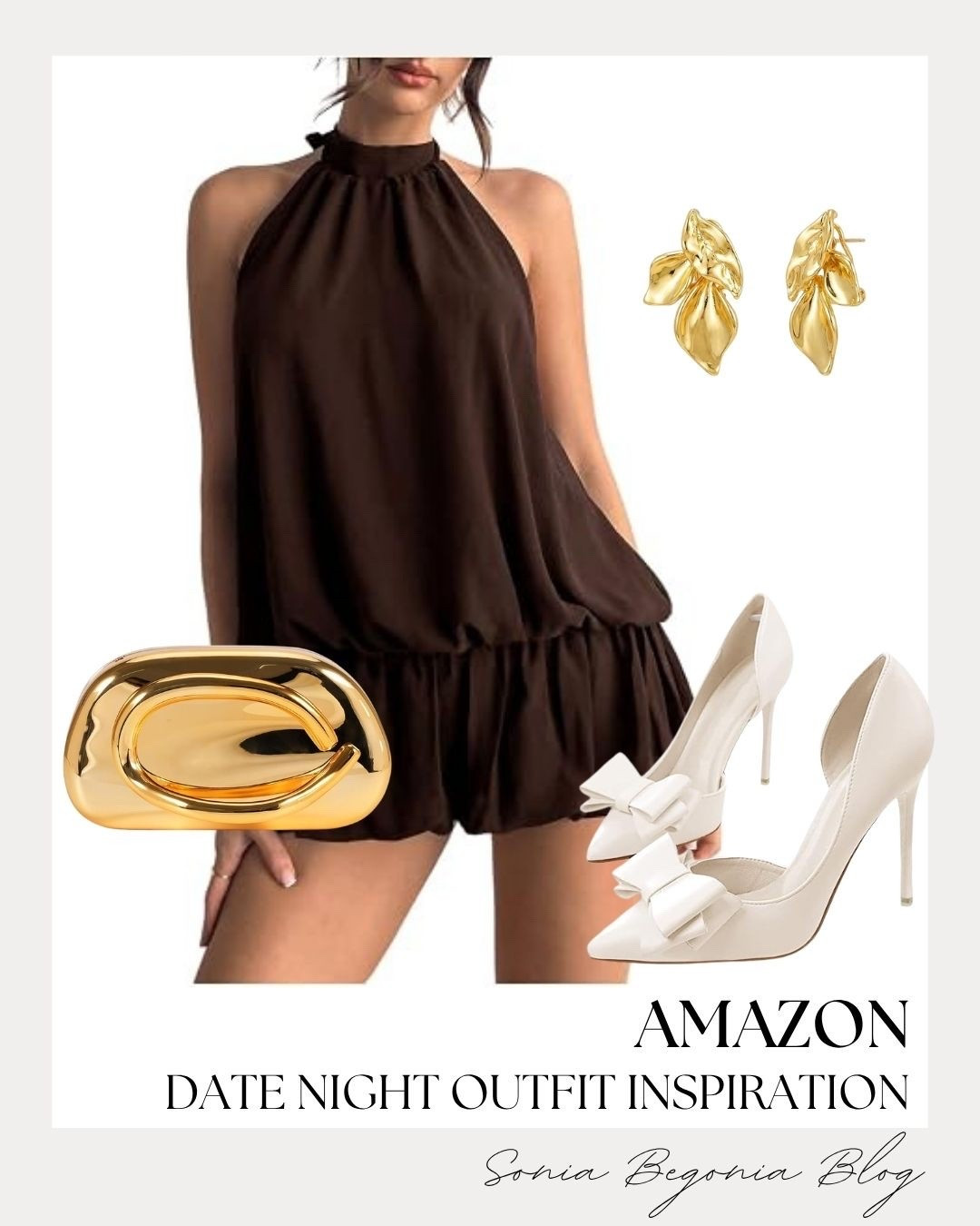 Ready for date night in this chic dark brown halter romper! 🤎 

Styled with statement gold floral earrings, a metallic clutch, and bow-accented white pumps for a sophisticated look. ✨

#AmazonFashion #DateNightOutfit #LTKfashion #OOTN #StyleInspo #LTKshopper

#LTKootd