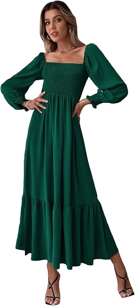 WDIRARA Women's Square Neck Long Sleeve Green Holiday Dress Green Christmas Dress Green Outfit Inspo | Amazon (US)