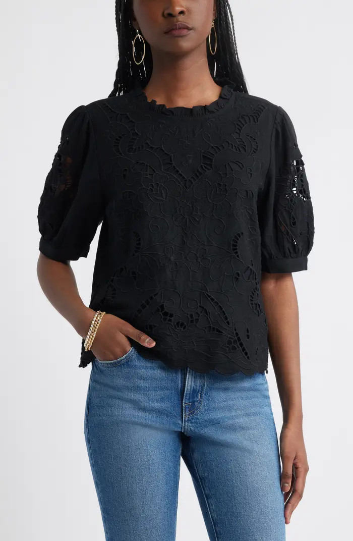 Embroidered Cutwork Puff Sleeve Linen Blend Top | Nordstrom