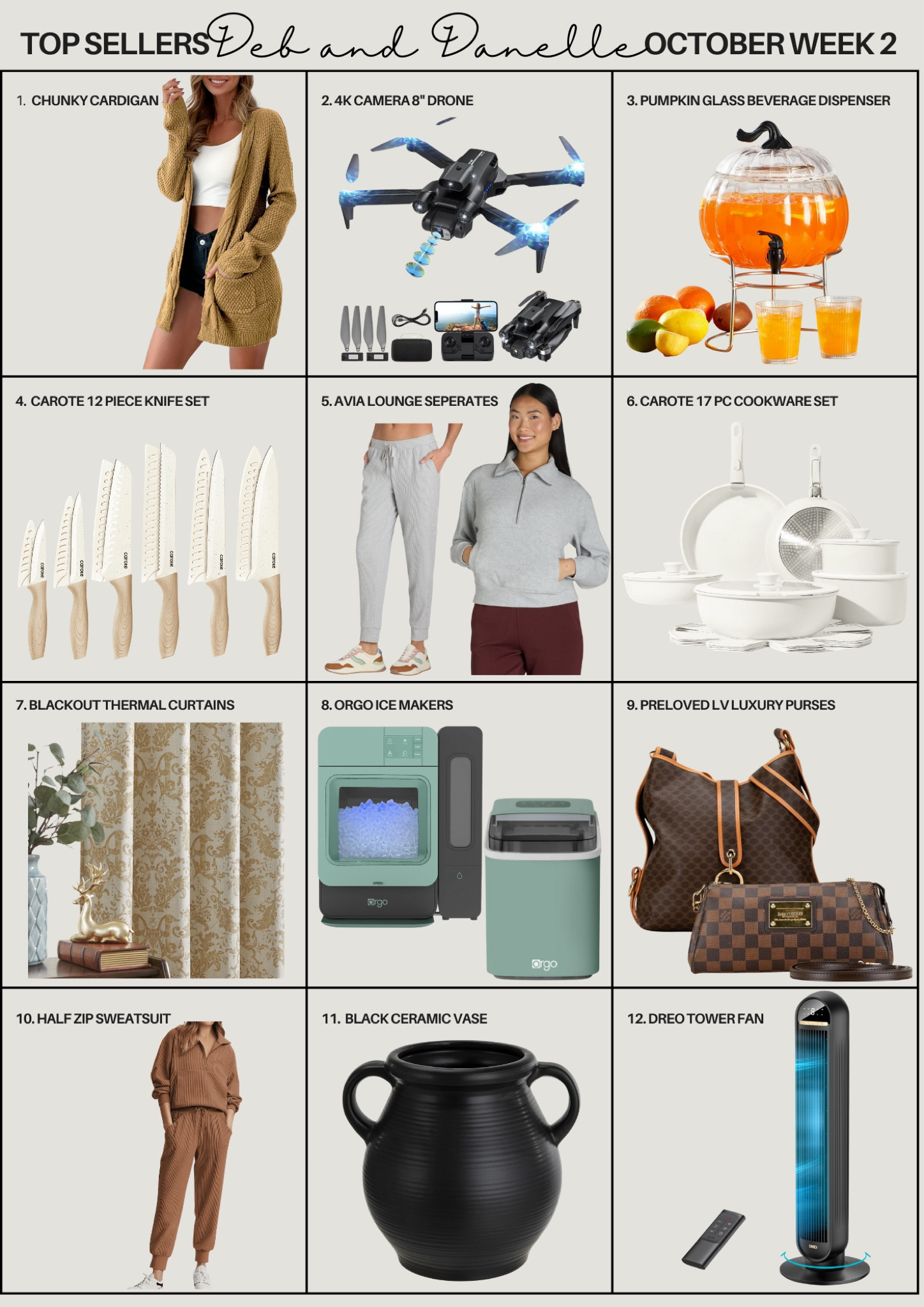 Our top sellers from LTK for the week included a lot products from Walmart that were part of their Big Deals sales event, including our new drove (which would make an excellent gift idea). Our Carote knives and pots and pans set also made the list. This is also your last chance to grab the pumpkin drink dispenser for Fall and Halloween! 

#LTKHoliday #LTKHalloween #LTKSaleAlert