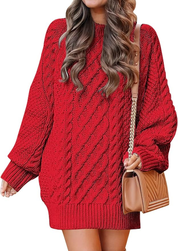 ANRABESS Women Long Sleeve Oversized Cable Knit Chunky Baggy Loose Pullover Tunic Mini Sweater Dr... | Amazon (US)