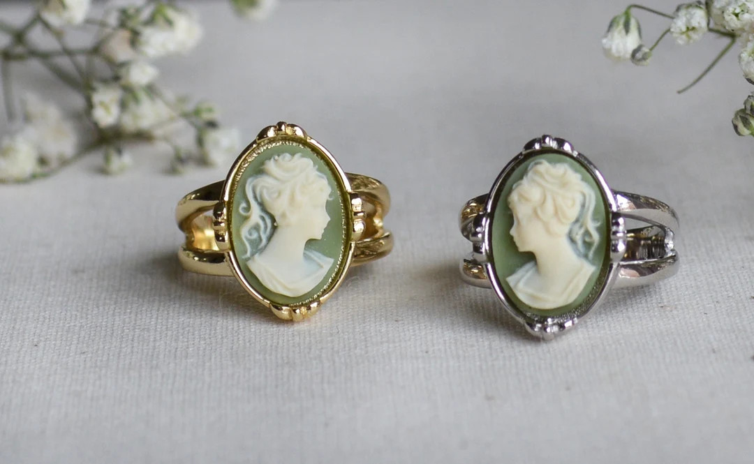 Green Cameo Ring in Sterling Silver or Gold Vermeil, Dainty Cameo ring, Lady portrait Cameo ring,... | Etsy (Global)