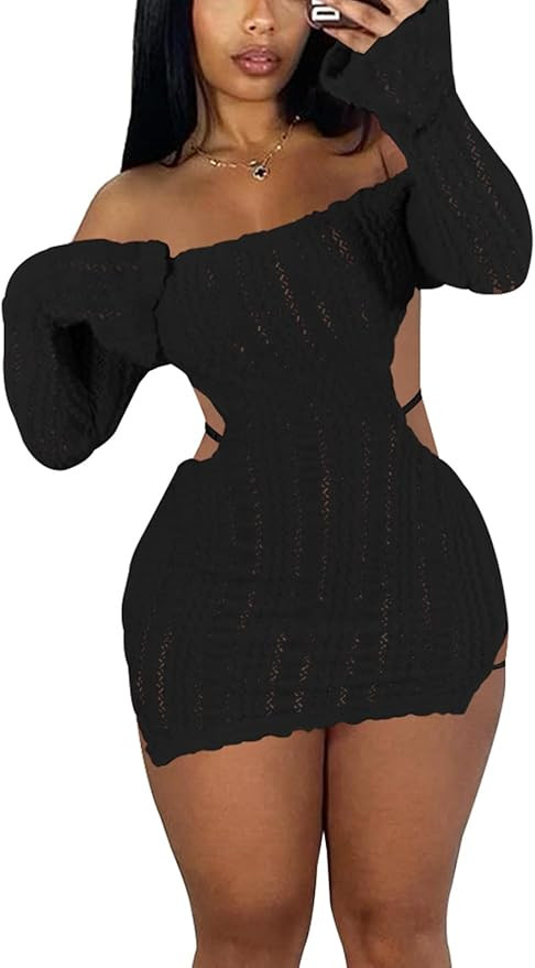 Sexy Off Shoulder Fuzzy Y2K Mini Dress for Women Strappy Backless Long Sleeve Party Club Birthday... | Amazon (US)