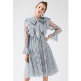Floral and Ruffle Bowknot Tulle Dress in Dusty Blue | Chicwish